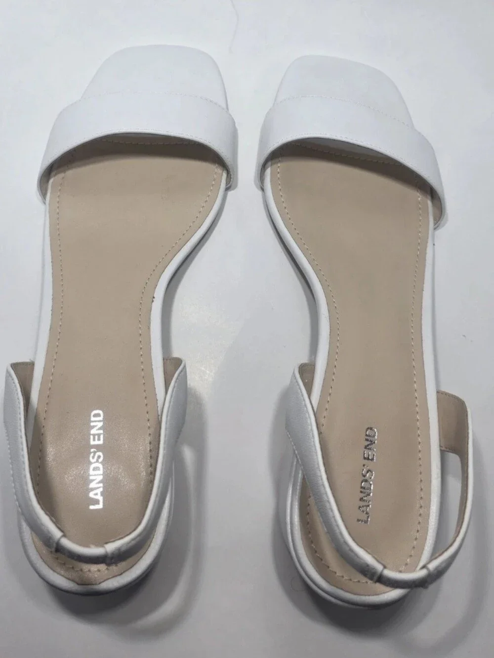 Lands’ End Women’s White Leather Slide Sandals Size Us 9 Mid Block Heel Slip On